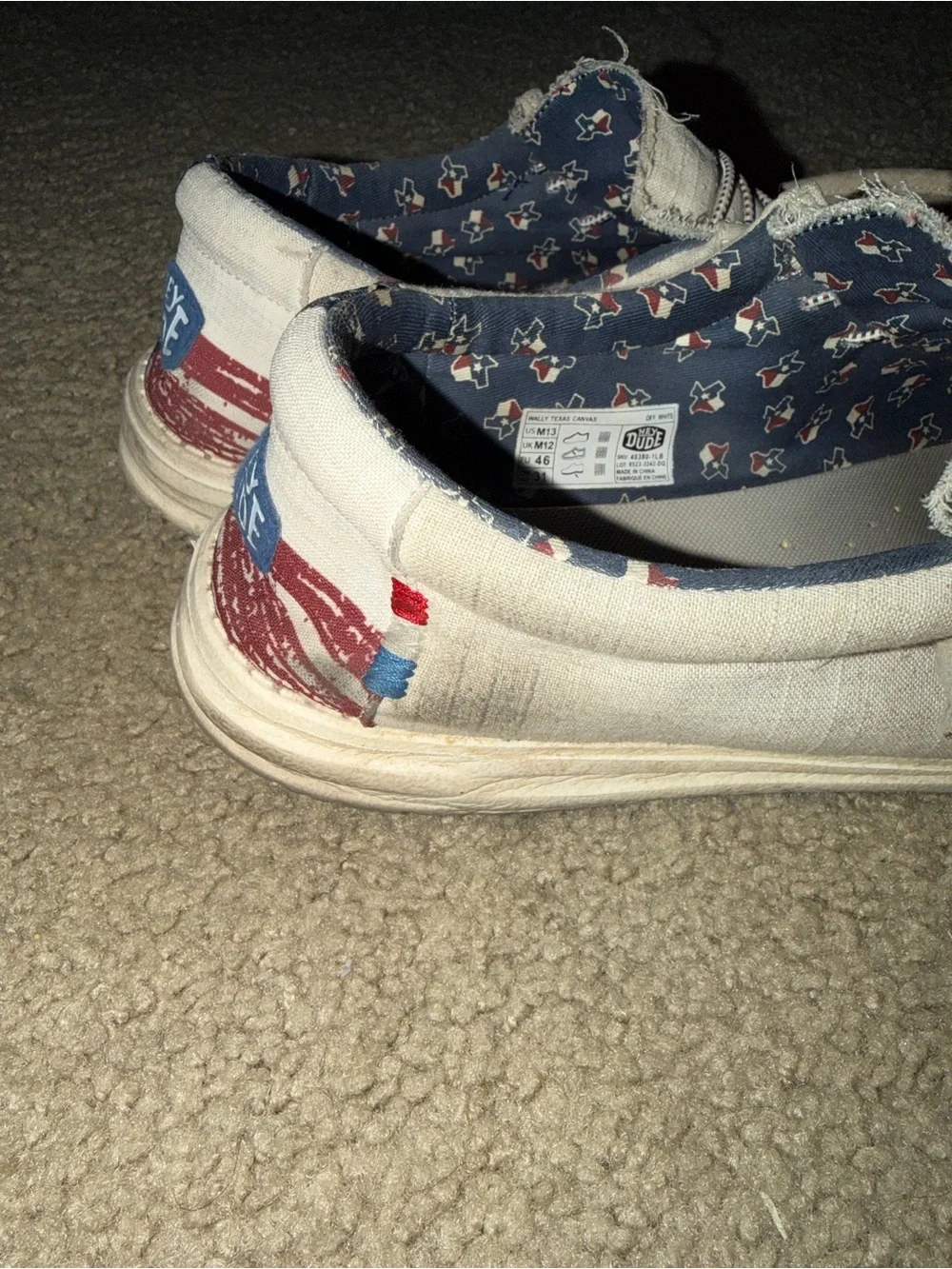 Hey Dude Beige Canvas Slip-On Loafers with Texas Flag Accent